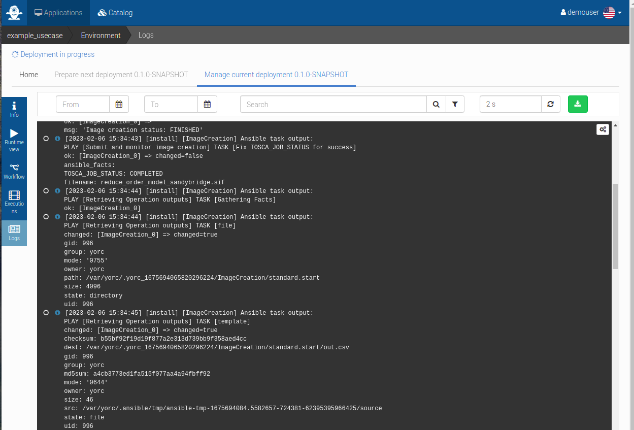 Alien4Cloud logs view of a deployment of an application