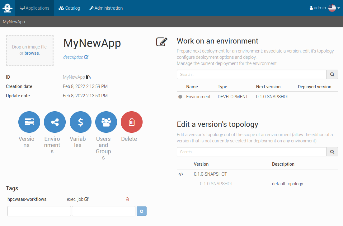 Alien4Cloud application panel with tags
